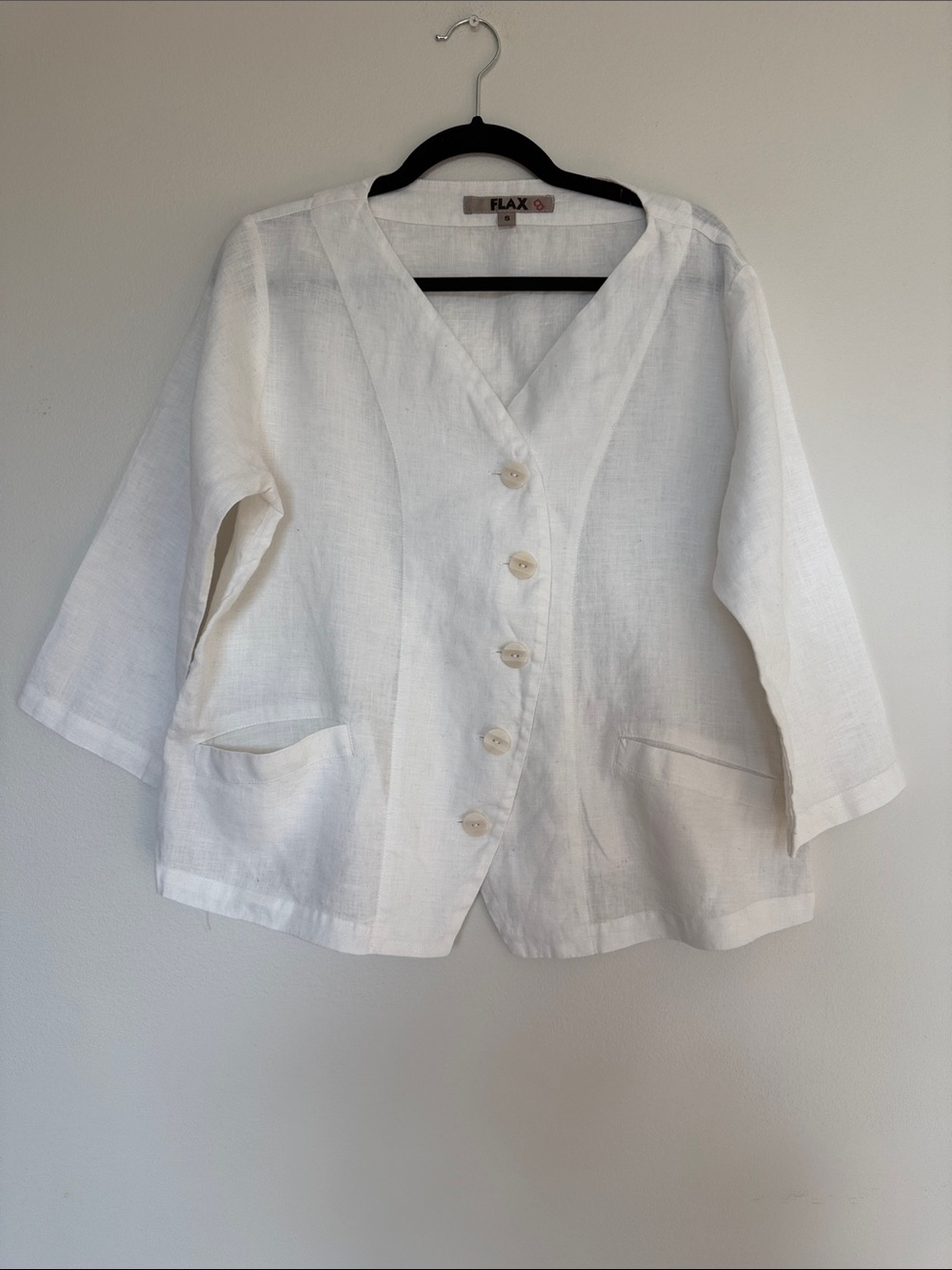NWOT Flax White Linen Button-Front V-Neck Jacket– small (371)